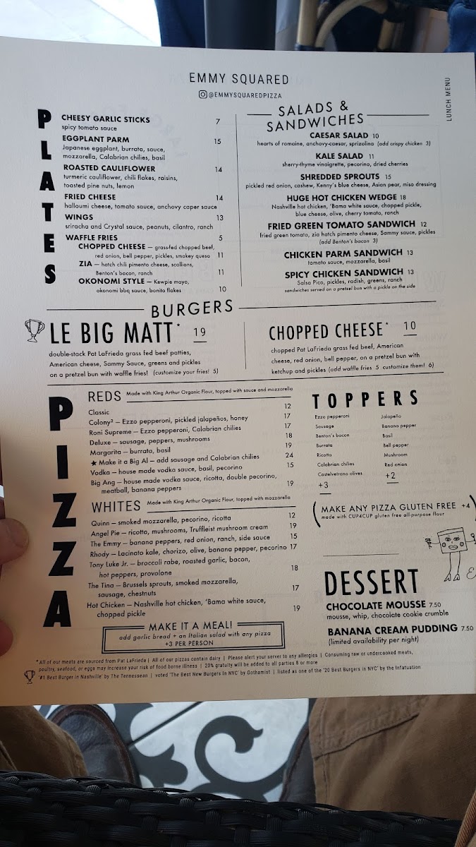Menu Emmy Squared Pizza: Queen Village-1